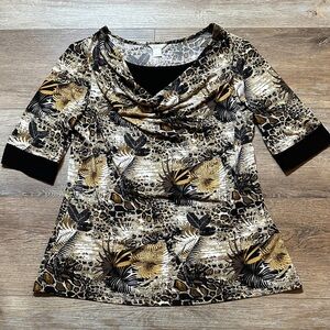 Christopher & Banks Black Gold Cream Animal Print Blouse